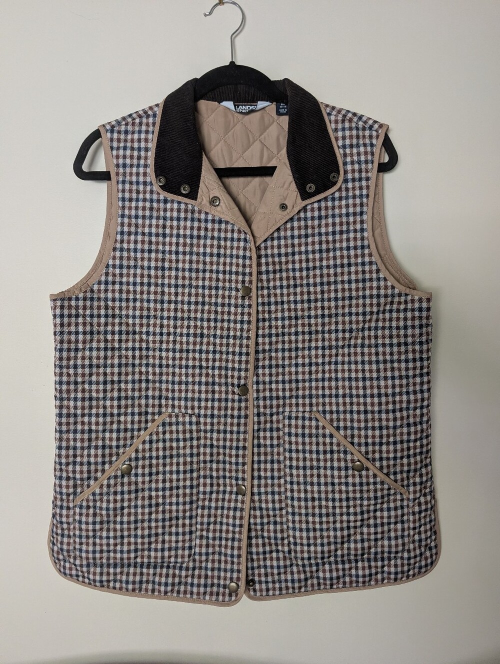 Lands' End Beige & Brown Quilted Check Vest